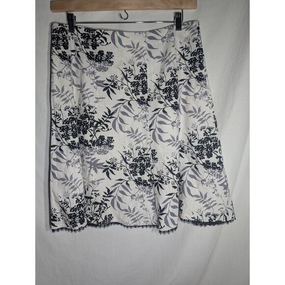 Notations Womens Linen Blend Knee Length Floral Skirt Sz L Scalloped Lace Trim - Picture 3 of 6